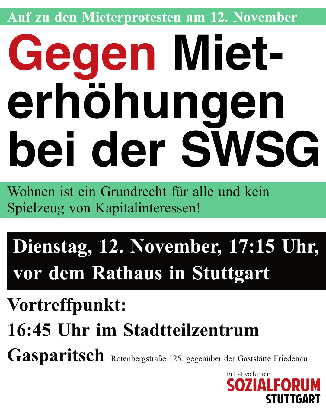 Auf zu den Mieterprotesten am 12. November – Gegen Mieterhöhungen bei der SWSG