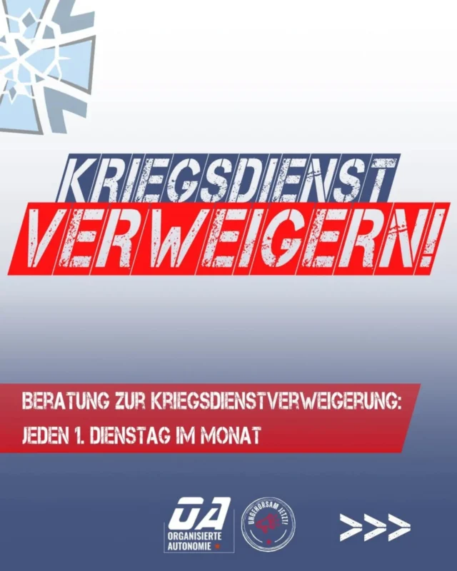 💡Beratung zur Kriegsdienstverweigerung! 
👉An jedem 1. Dienstag im Monat | ab 18 Uhr👈 

Du bist potentiell betroffen von der Wiedereinführung der Wehrpflicht (s. 3. Slide)?

Dann kannst Du im Kriegsfall über Nacht an die Front geschickt werden! 🤯

Darum jetzt Verweigern! 🚫 

📍@stadtteilzentrum_gasparitsch | S-Ost