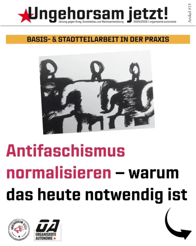 Antifaschismus beginnt im Alltag.

Die gesellschaftliche Rechtsentwicklung ist längst überall angekommen: in den Medien, in politischen Debatten und in unserem direkten Umfeld.

Der Artikel aus unserer "Ungehorsam jetzt"-Zeitung gegen Krieg, Sozialabbau und Rechtsentwicklung zeigt, warum es heute notwendiger denn je ist, Antifaschismus zu normalisieren –
und wie das konkret im Stadtteil, im Betrieb und im Alltag passieren kann.

📰 Den ganzen Artikel findet ihr auf unserer Website
🔗 Link in der Bio

#UngehorsamJetzt